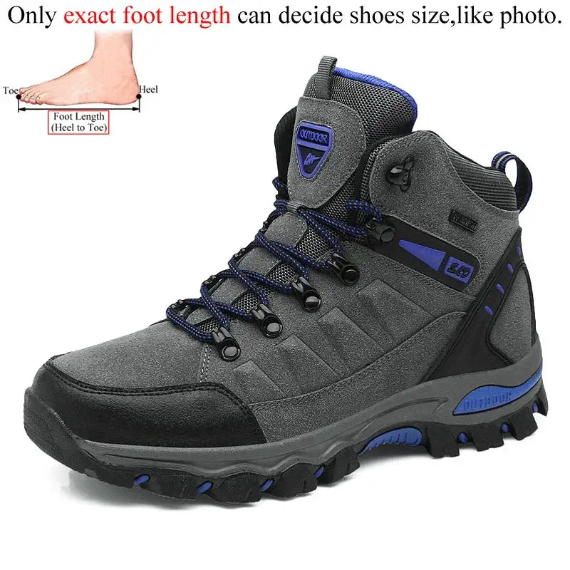 Rugged gray and blue hiking boot with ankle support and thick treaded sole.