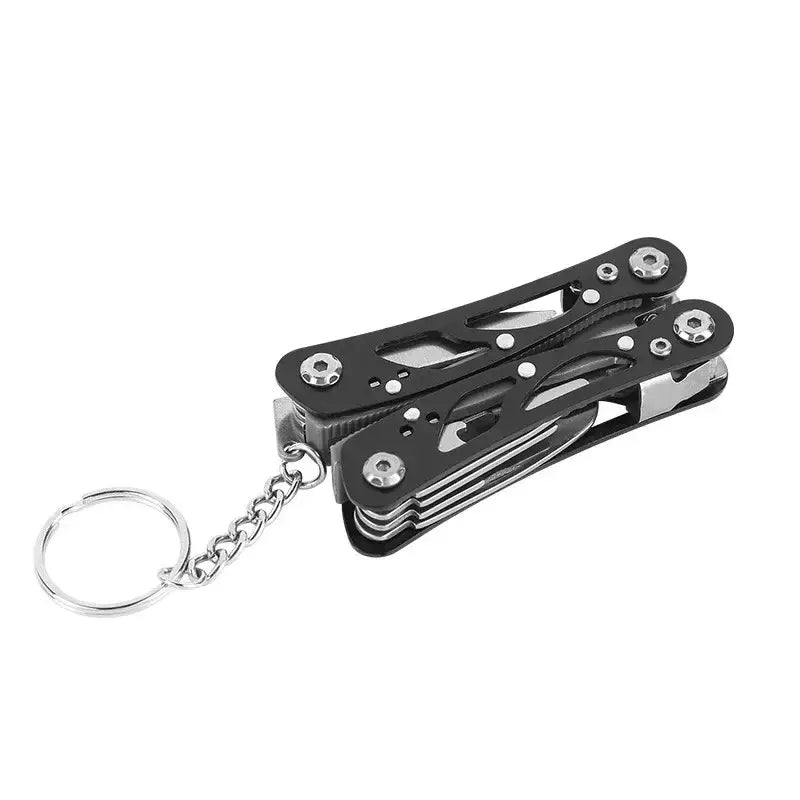 Multi-tool with pliers and various folding implements attached to a keychain.