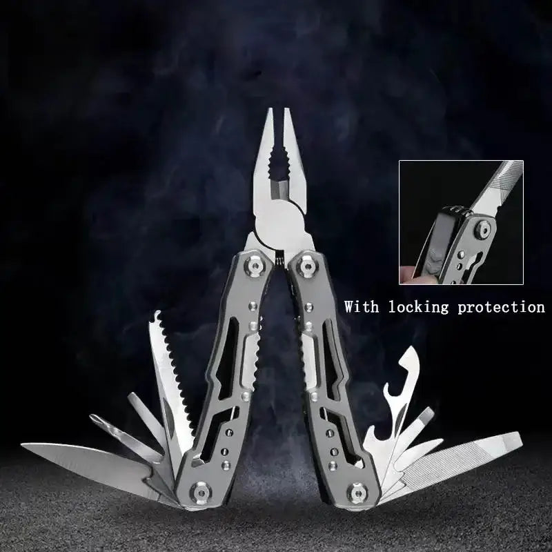 Multi-tool pliers with various folding implements and a locking mechanism.