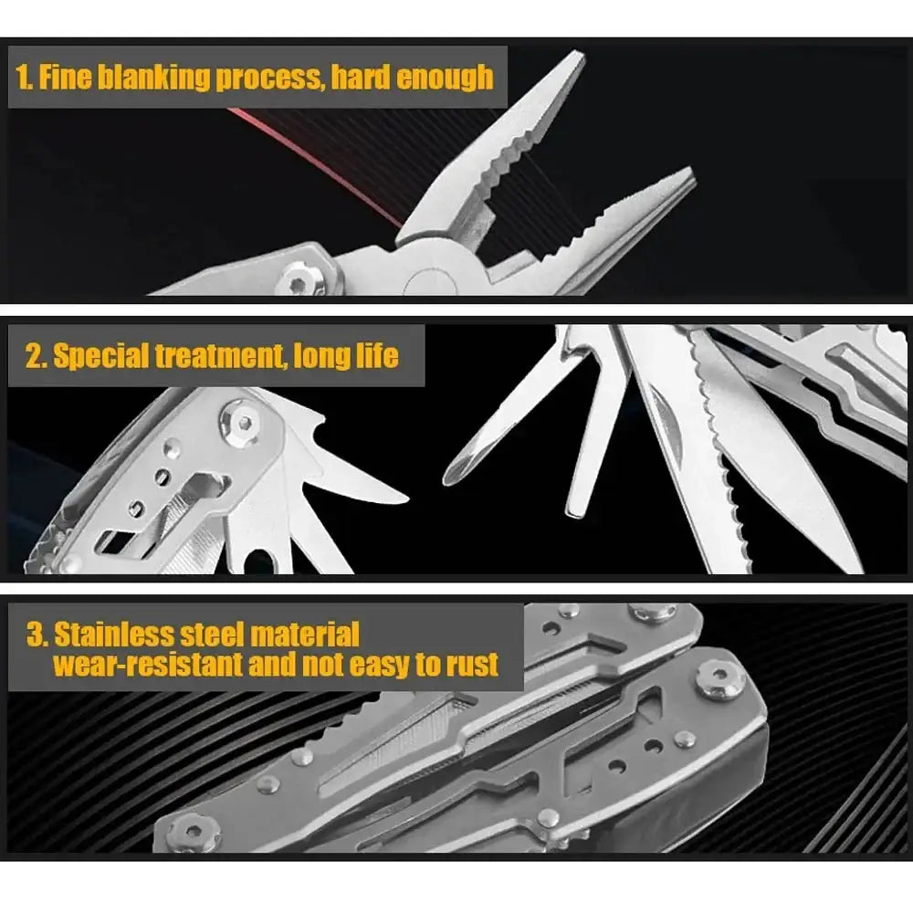 Multi-tool pliers with various integrated tools and functions.