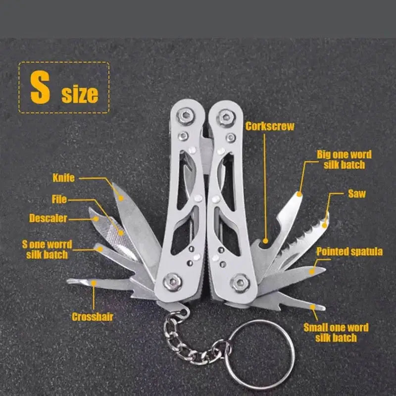 Multi-tool pocket knife with various folding implements and a keychain attachment.