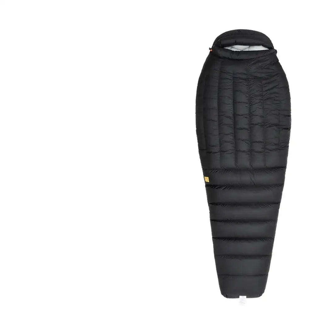 Black mummy-style sleeping bag with horizontal quilted sections.