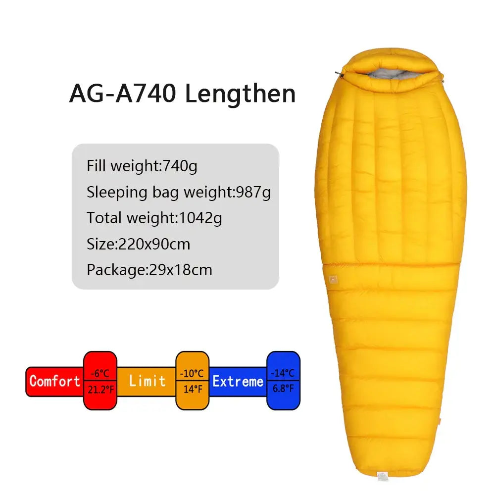 Yellow mummy-style sleeping bag with temperature rating indicators.