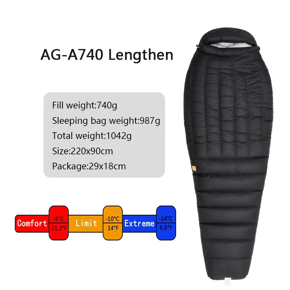 Black mummy-style sleeping bag with temperature rating indicators.