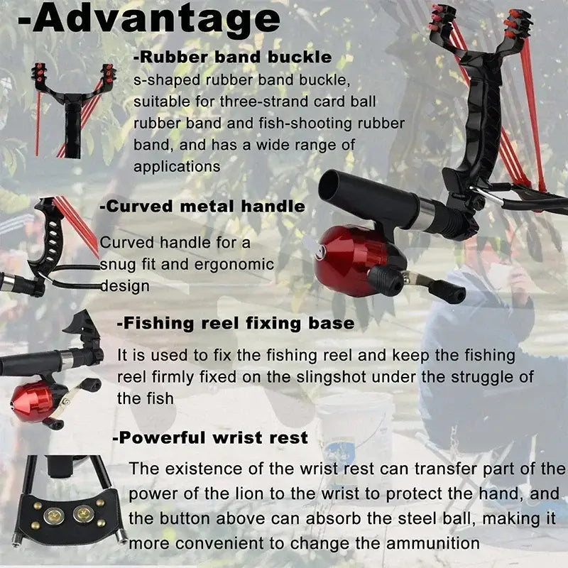 Slingshot with multiple features and attachments for fishing and other applications.