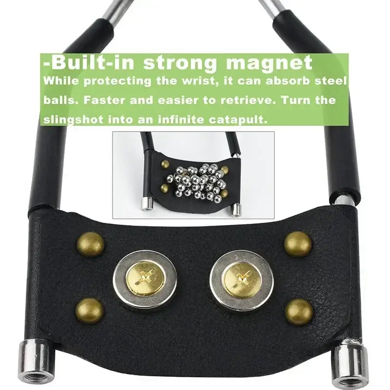 Slingshot-style device with a black leather pouch, metal frame, and built-in magnets.