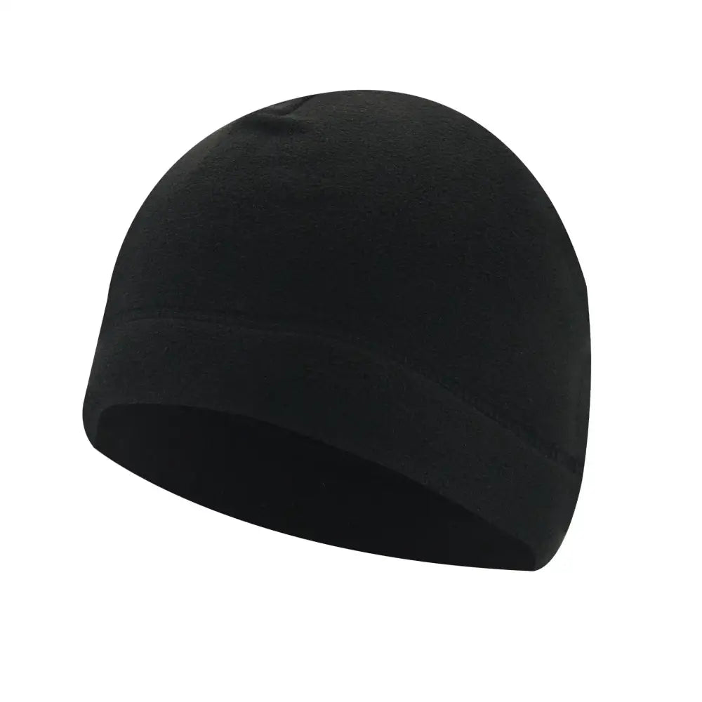 Black knit beanie hat.