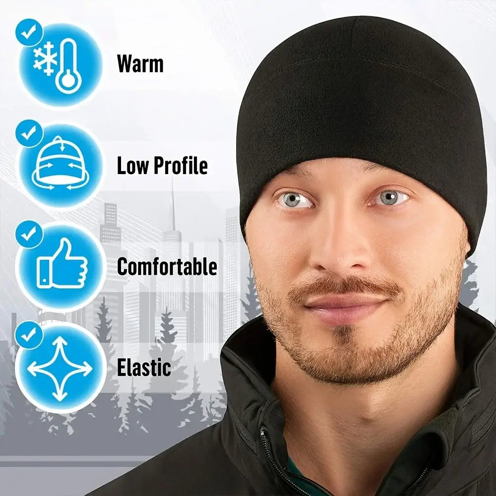 Black knit beanie hat worn by a person.