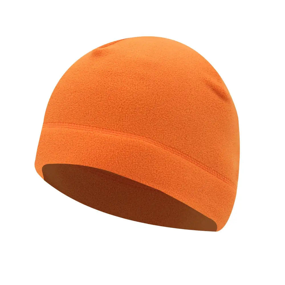 Bright orange fleece beanie hat with a folded brim.