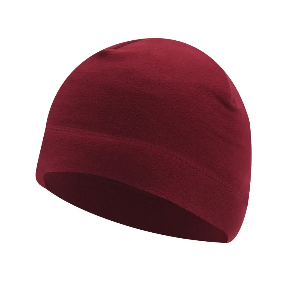 Burgundy knit beanie hat.