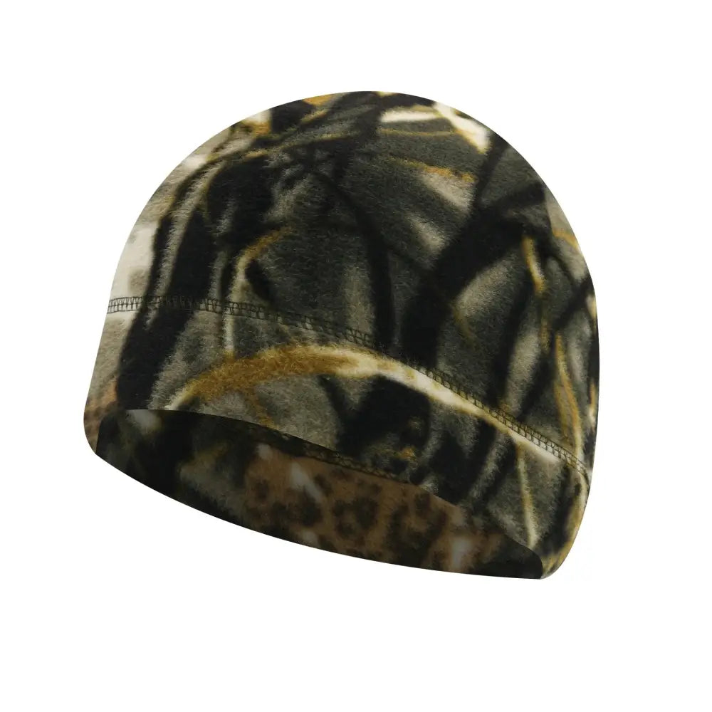 Camouflage-patterned fleece beanie hat.