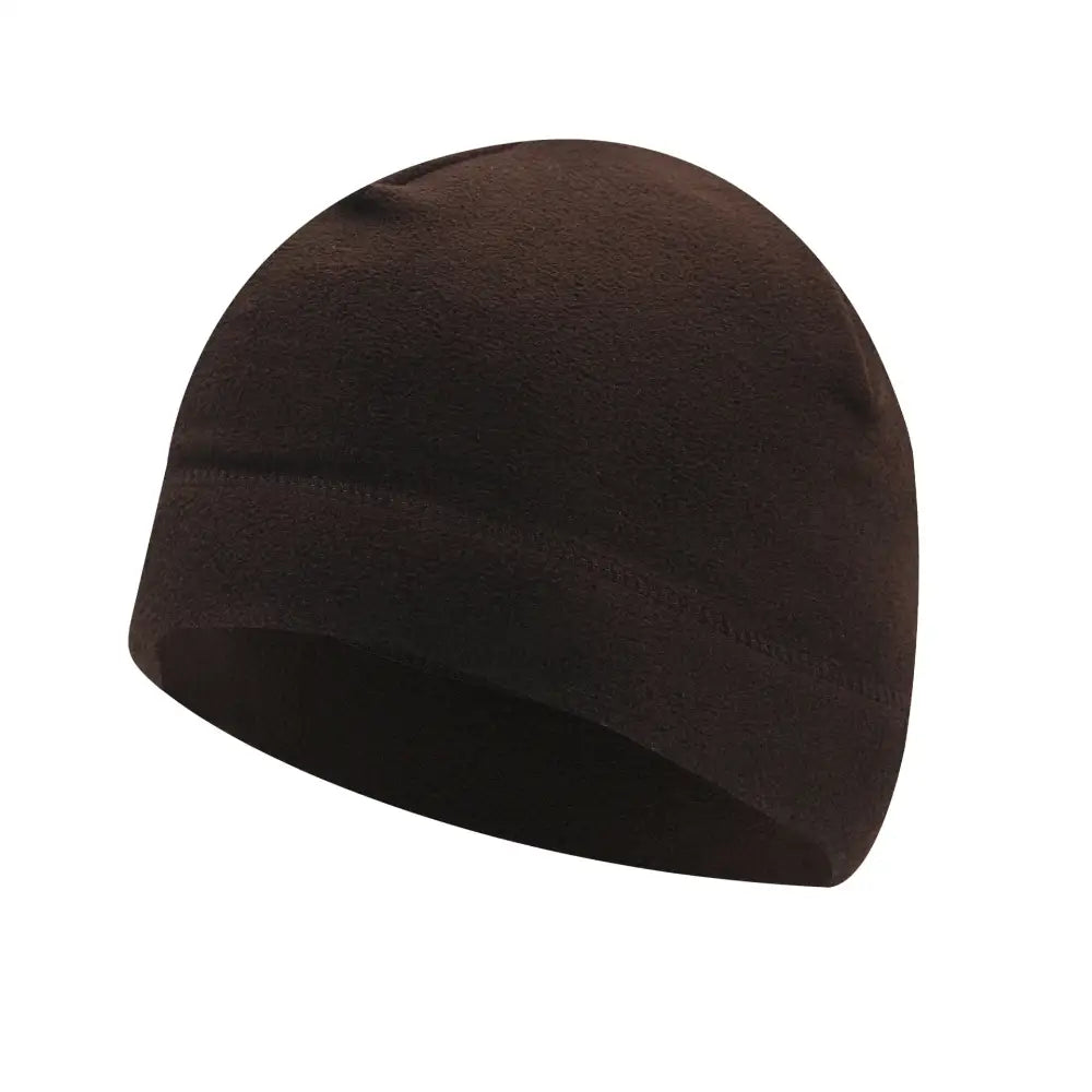 Dark brown knit beanie hat.