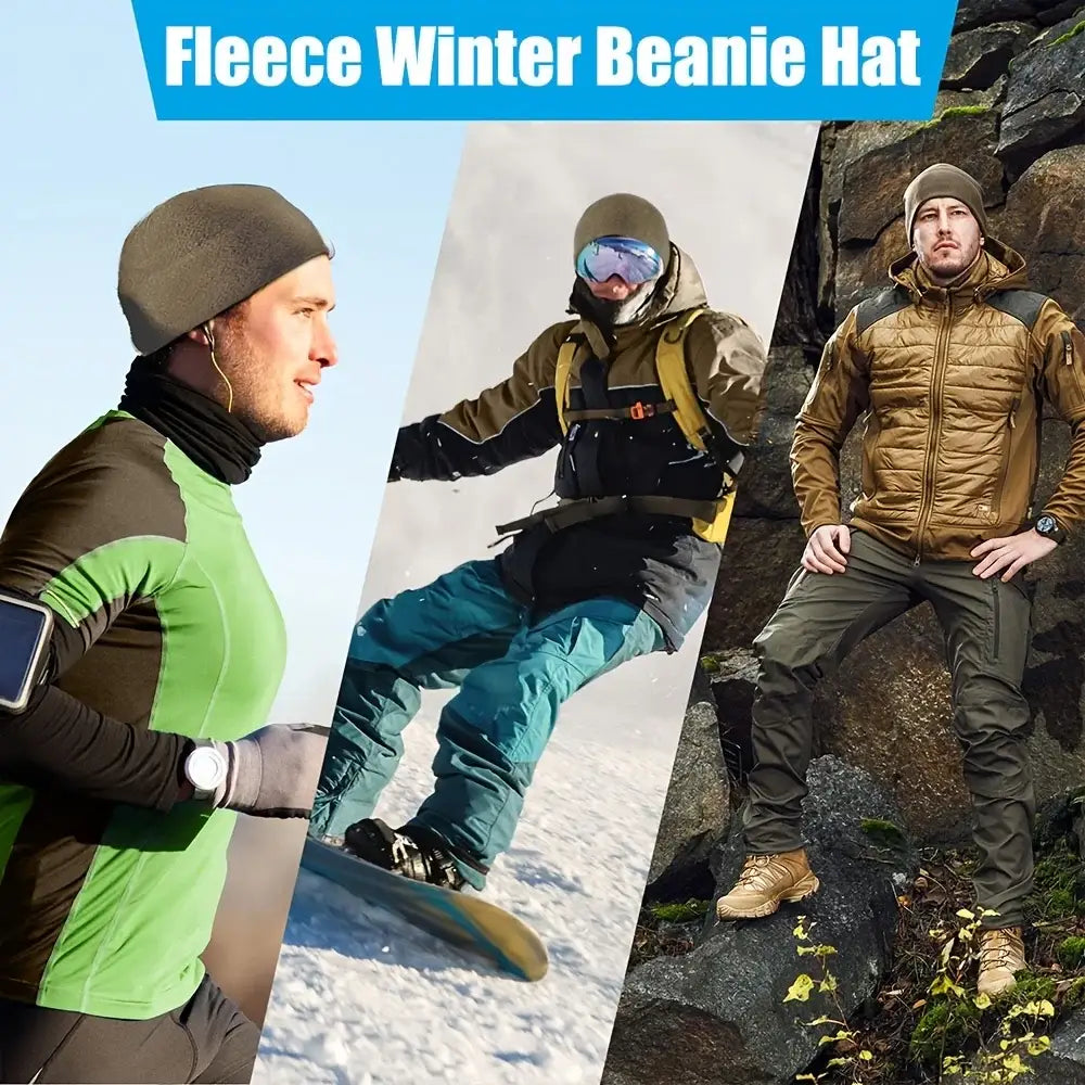 Fleece winter beanie hat worn by people in various outdoor activities.