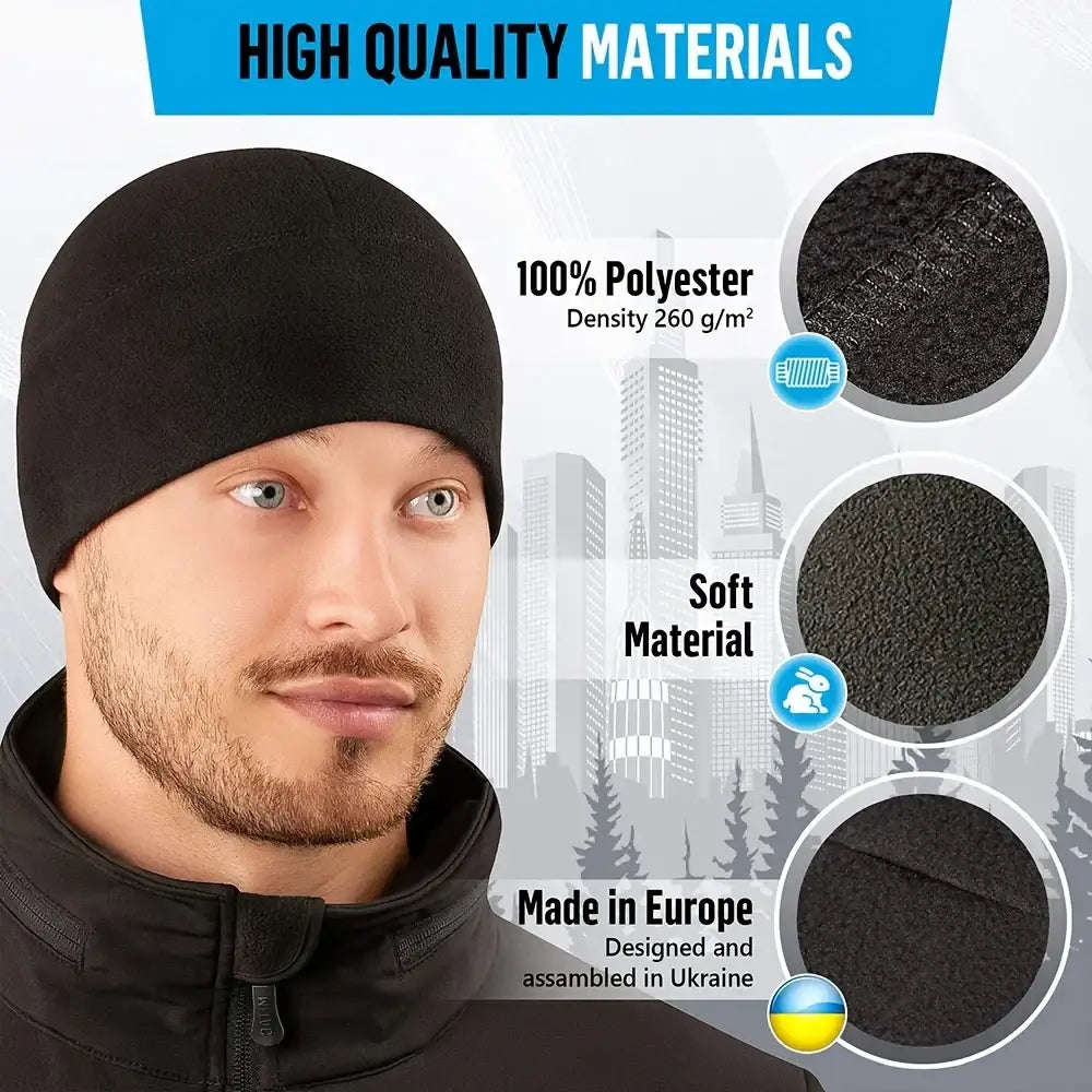 Black beanie hat made of high-quality polyester material.