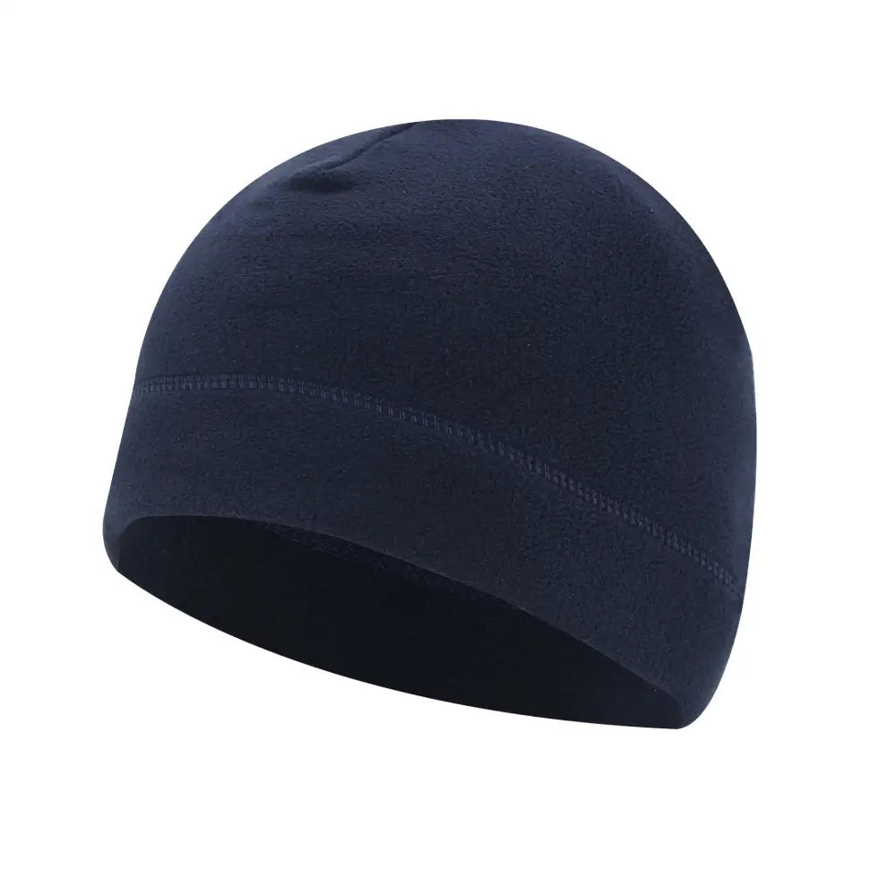 Navy blue knit beanie hat.