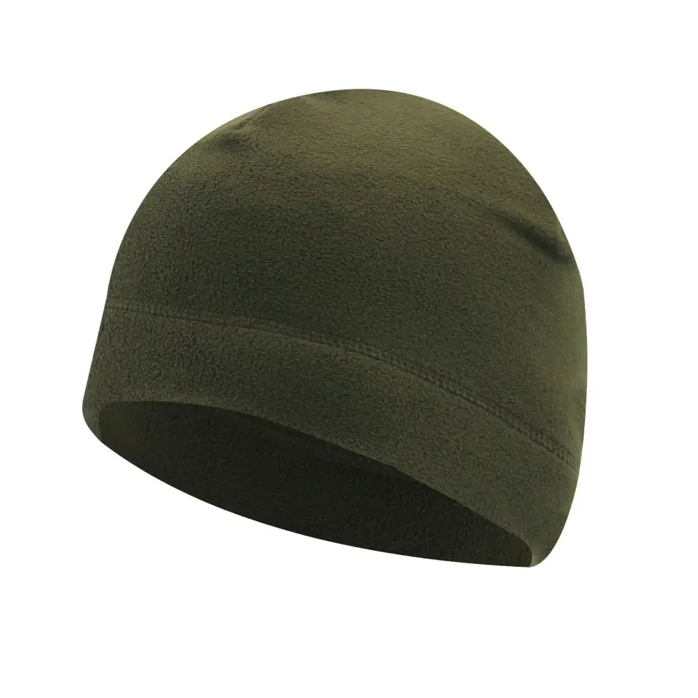 Olive green knit beanie hat.