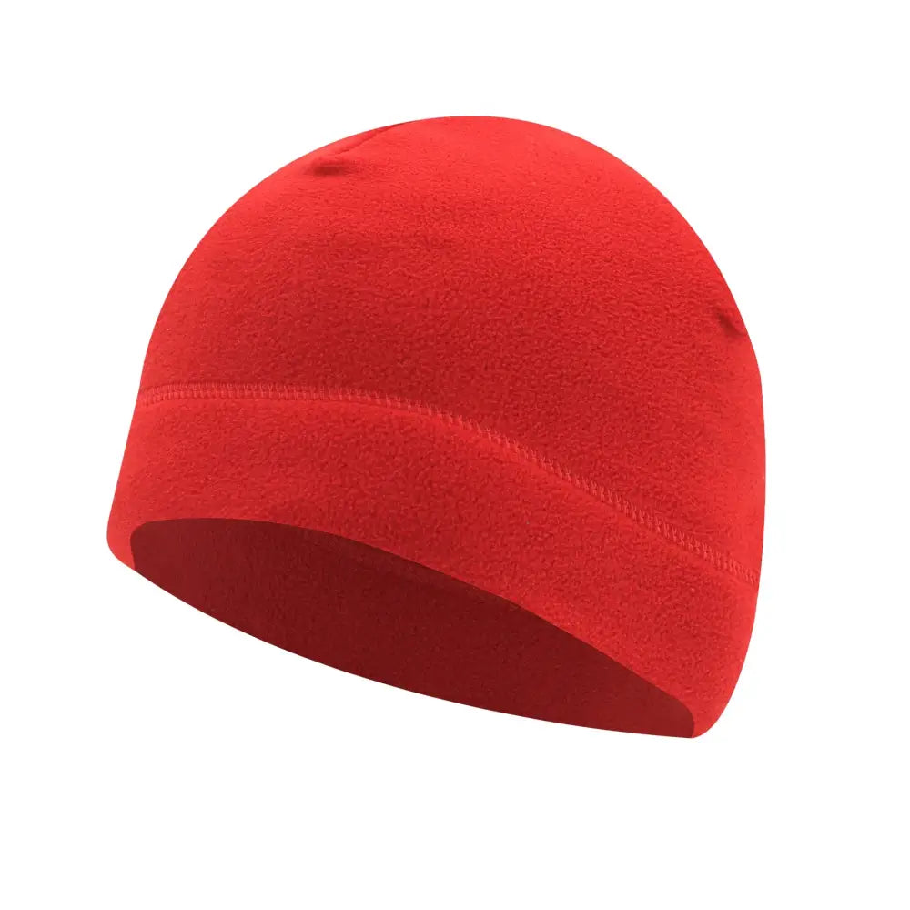 Red fleece beanie hat.