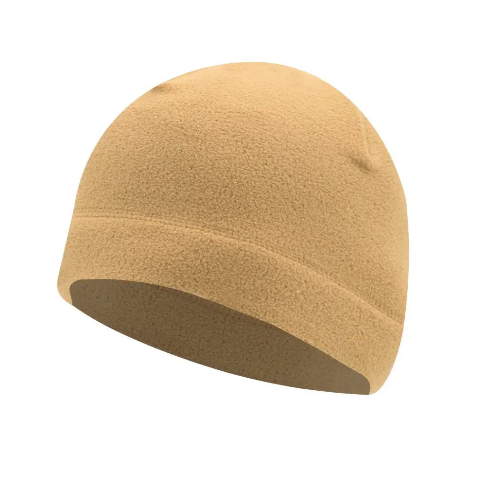 Tan fleece beanie hat with a snug-fitting design.