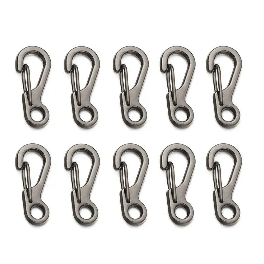 Metal carabiners arranged in two rows of five.