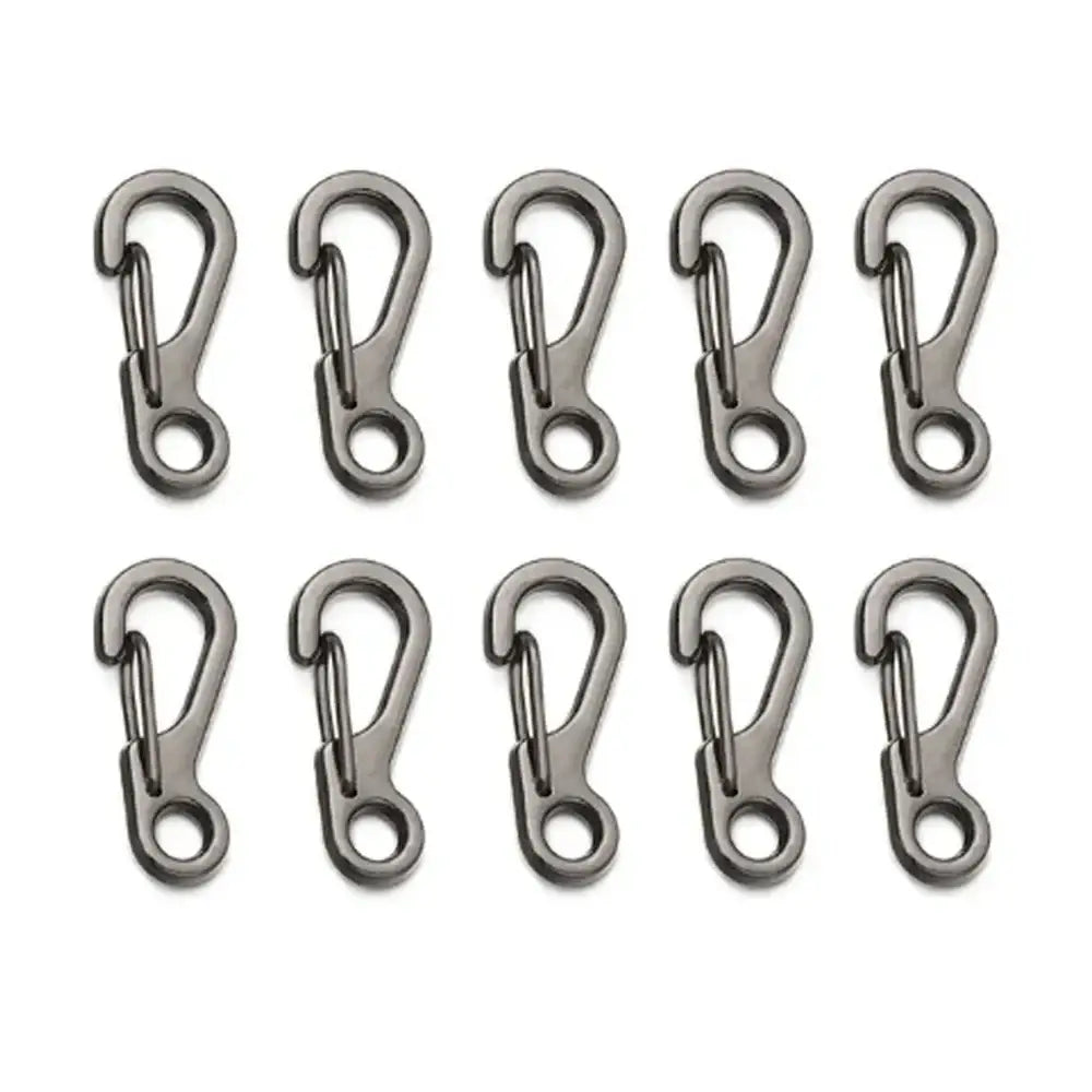 Metal carabiners arranged in two rows of five.