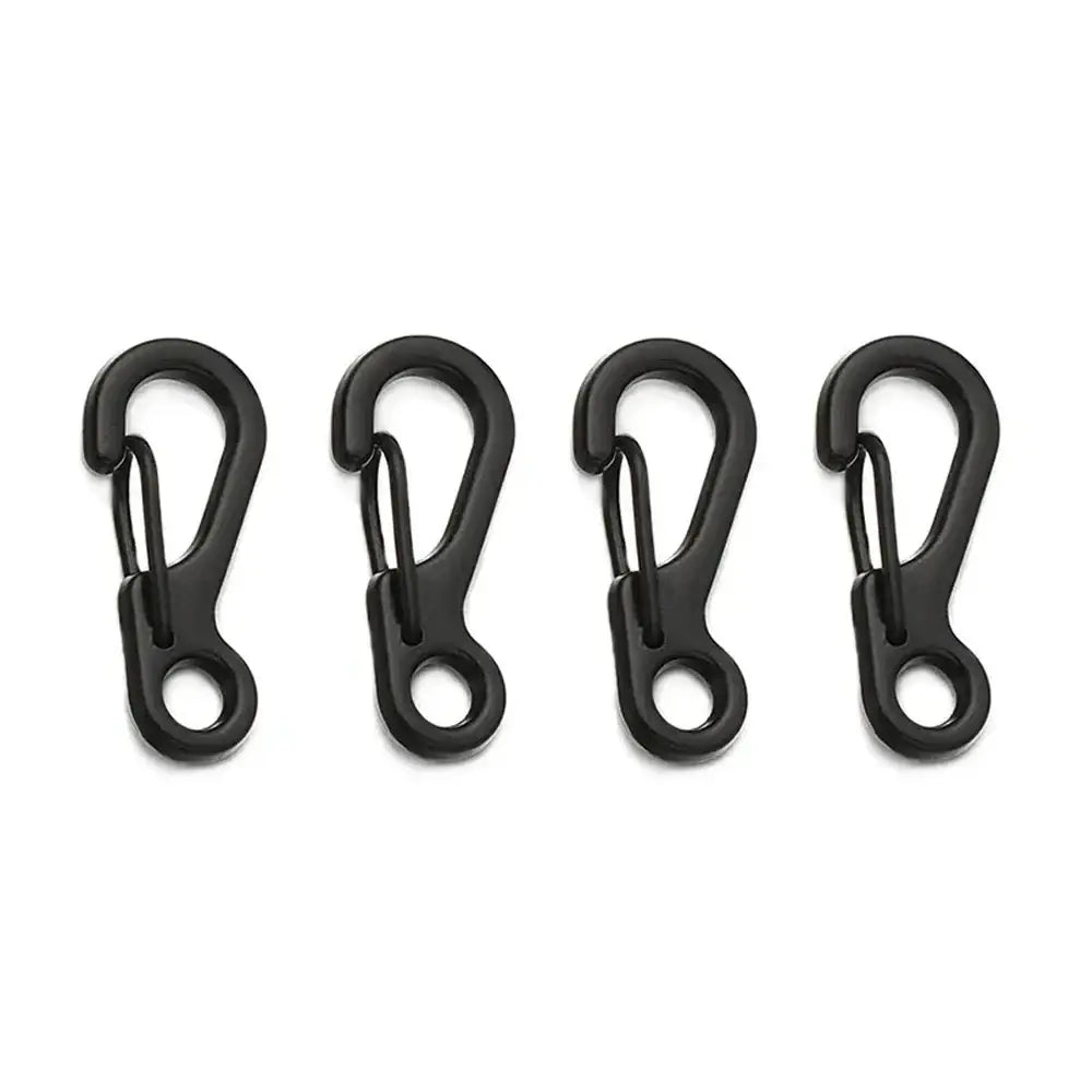 Four black plastic carabiners with spring-loaded gates.