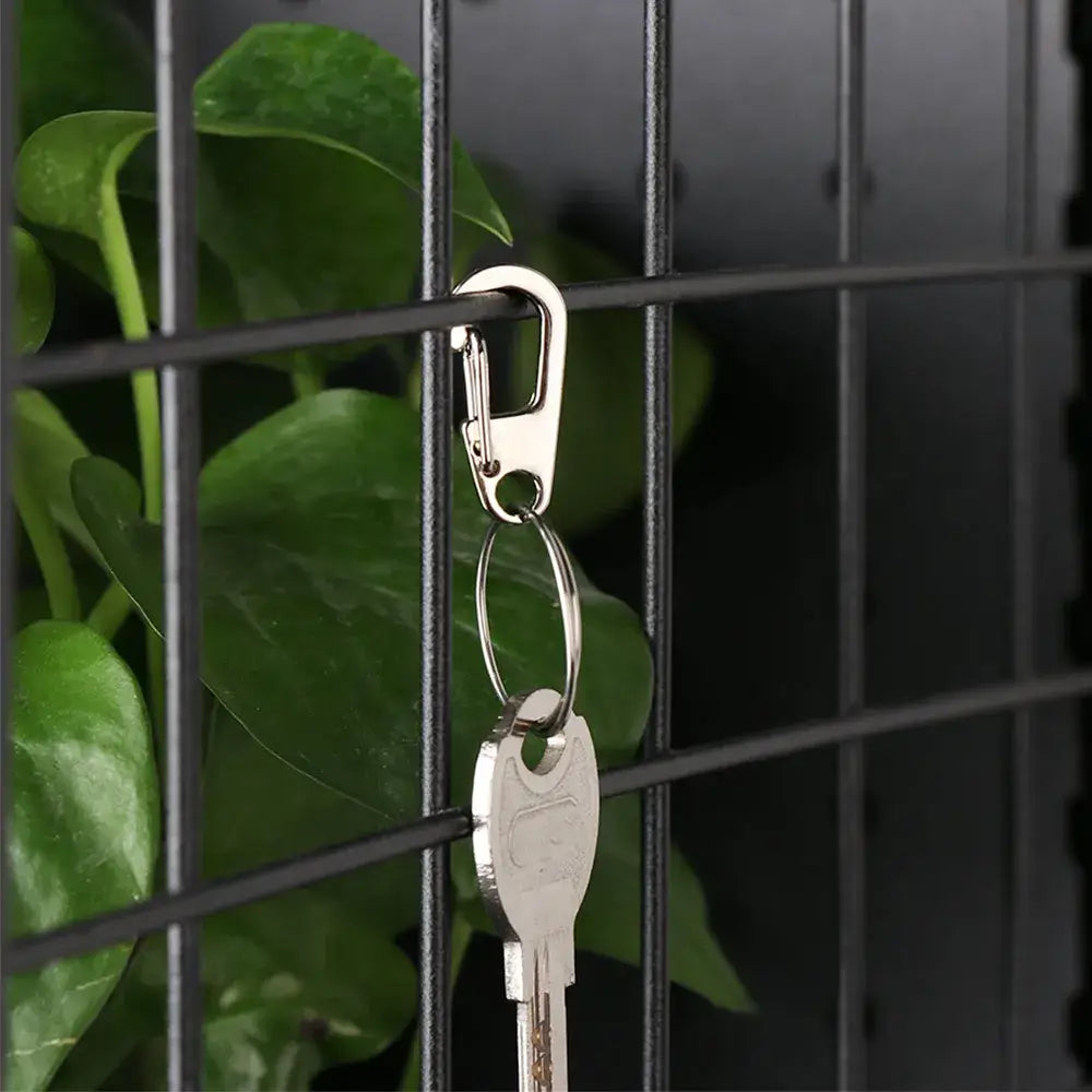 Key hanging from a carabiner clip on a wire grid.