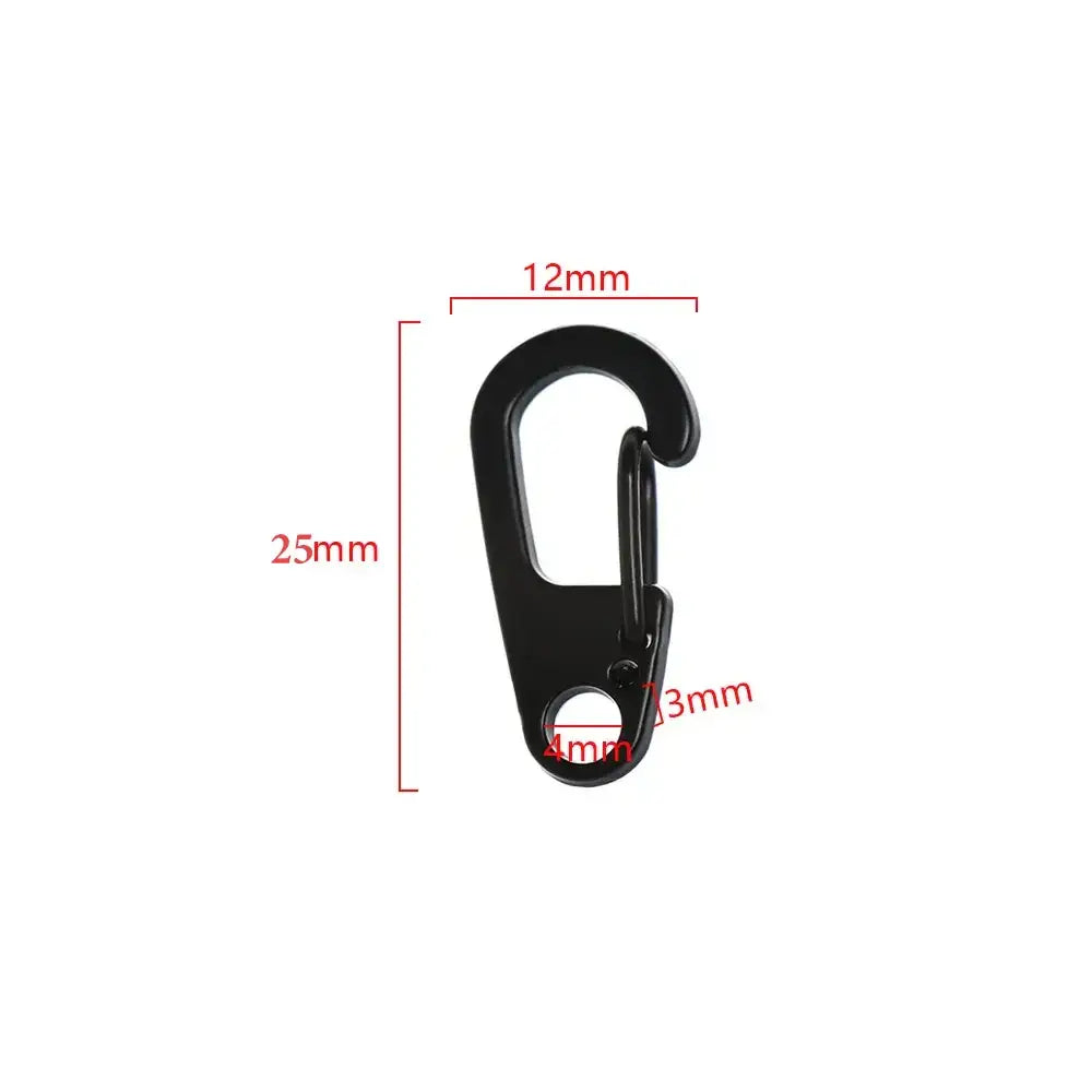 Black plastic carabiner clip with measurements indicated.