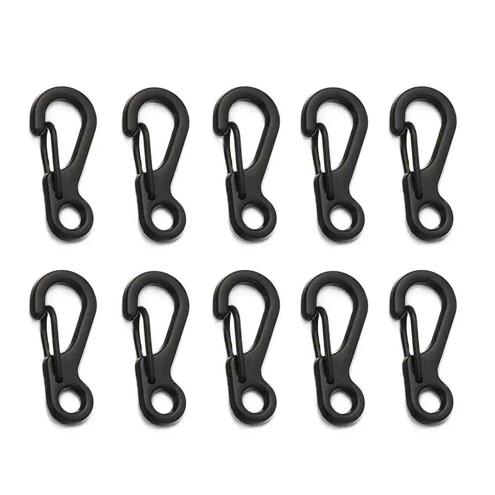 Black plastic carabiners arranged in two rows of five.