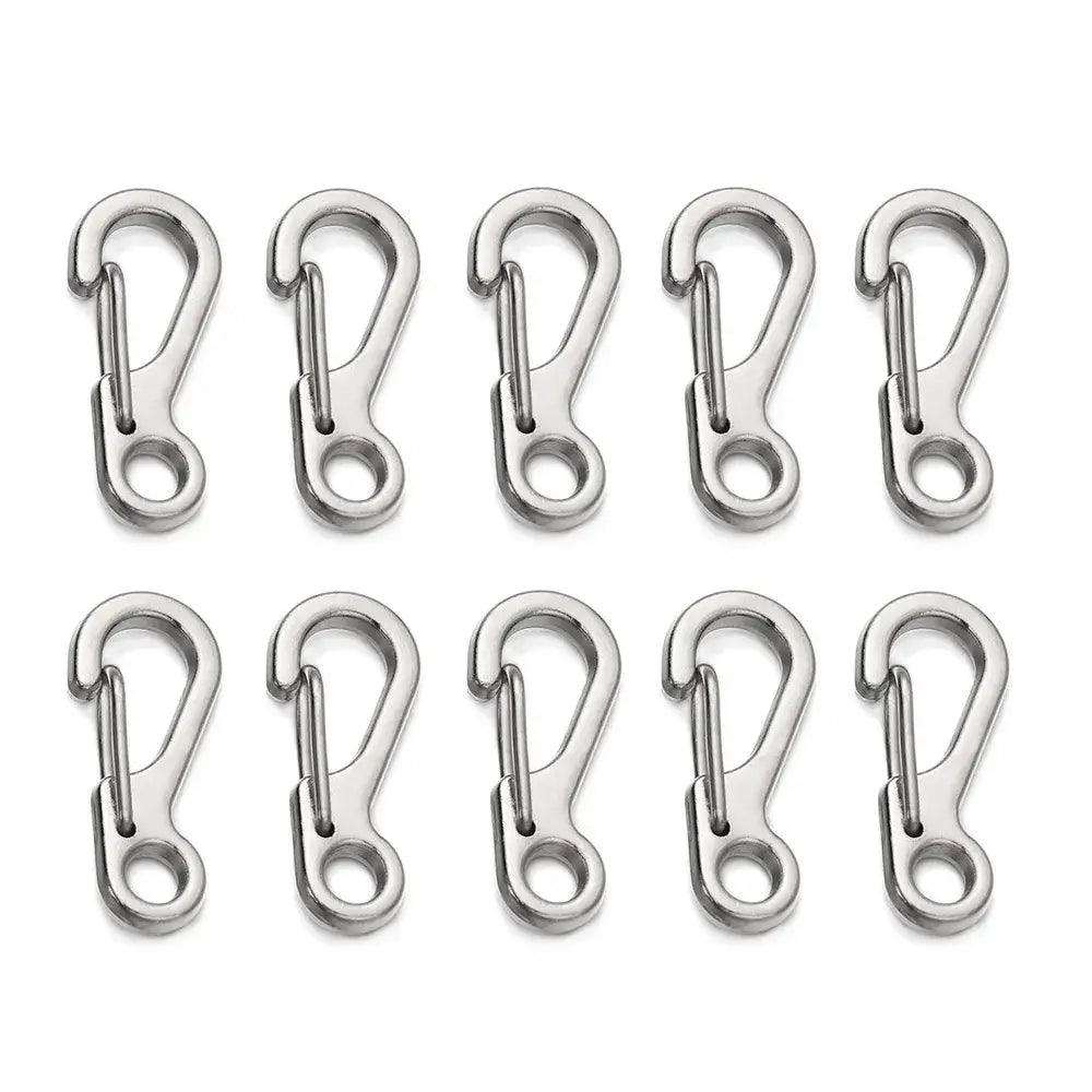 Ten silver metal carabiners arranged in two rows.