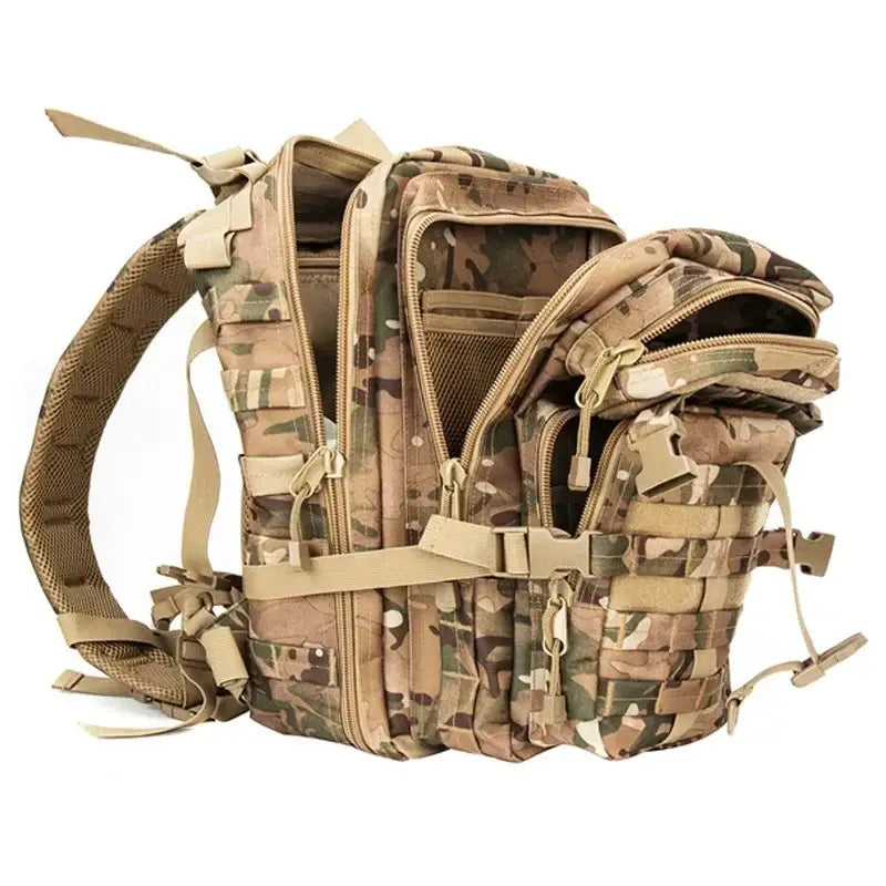 Military-style tactical backpack with multiple compartments and camouflage pattern.