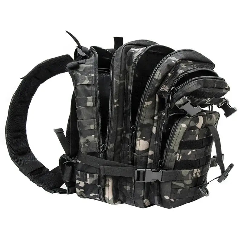 Military-style tactical backpack with camouflage pattern and multiple compartments.