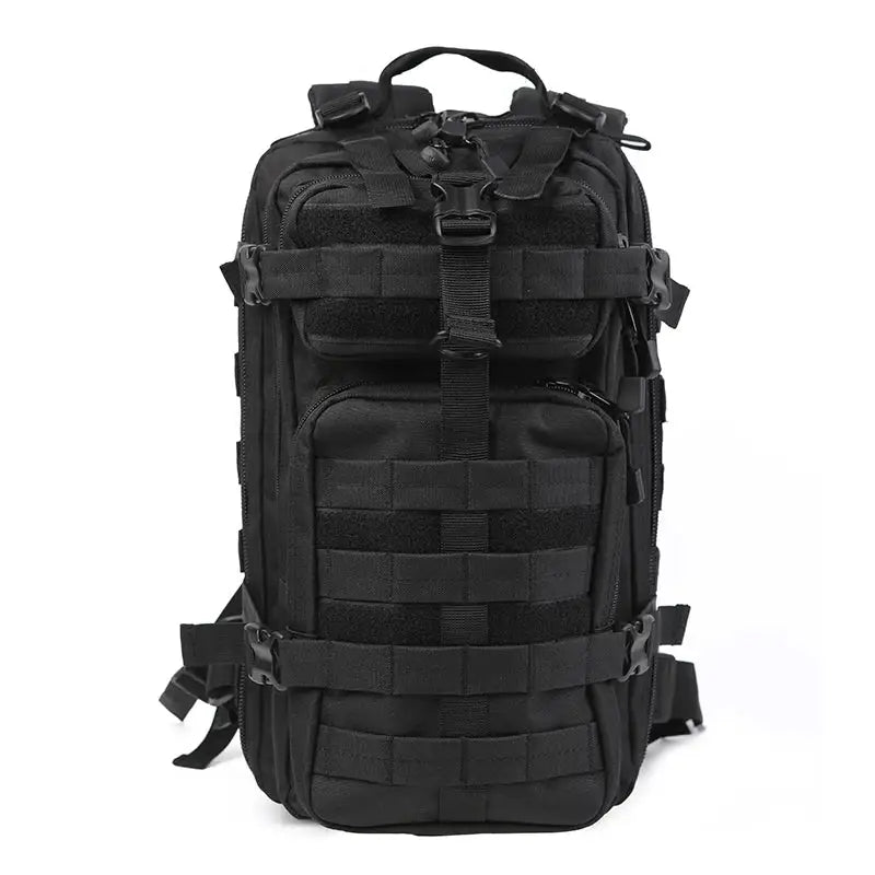 Black tactical military-style backpack with multiple straps and compartments.