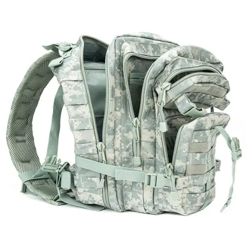 Military-style tactical backpack with camouflage pattern and multiple compartments.