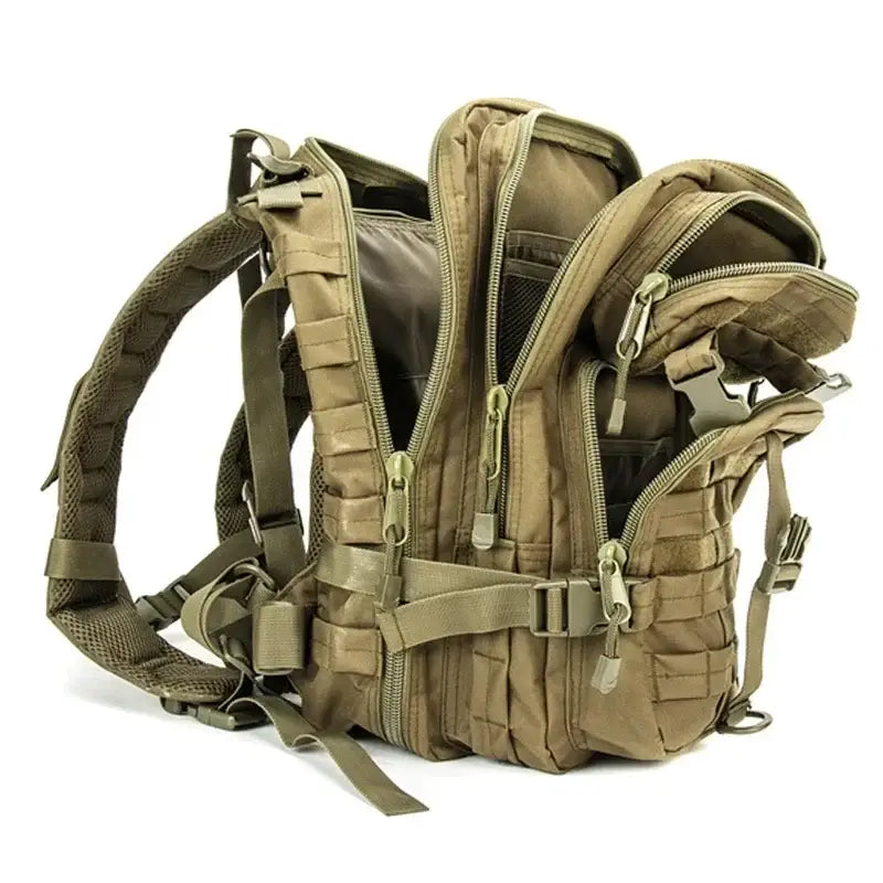 Tactical military-style backpack in tan or khaki color with multiple compartments and straps.