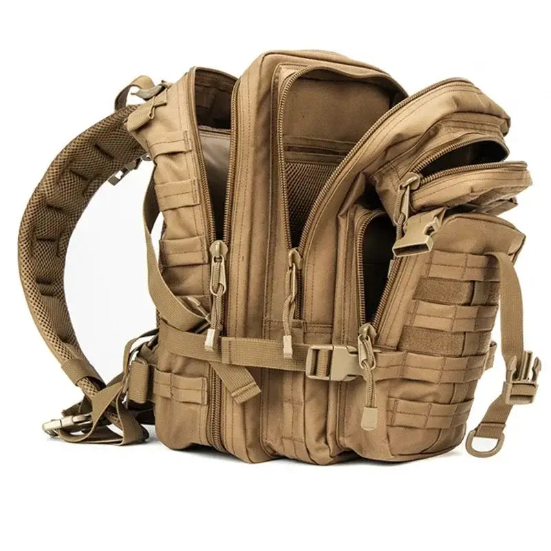 Tactical military-style backpack in tan color with multiple compartments and MOLLE webbing.