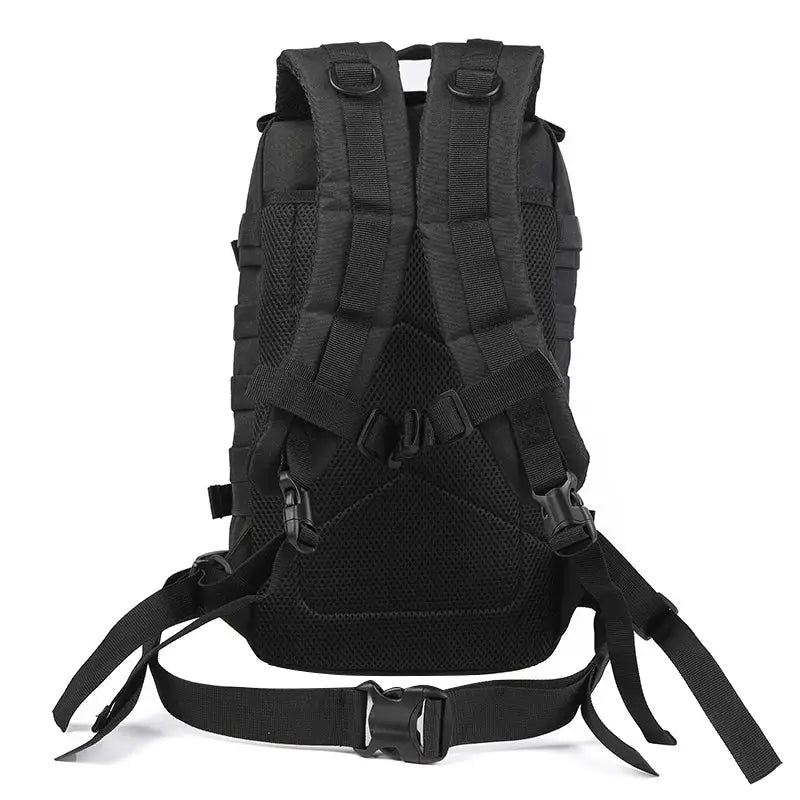 Black tactical backpack with multiple straps and compartments.