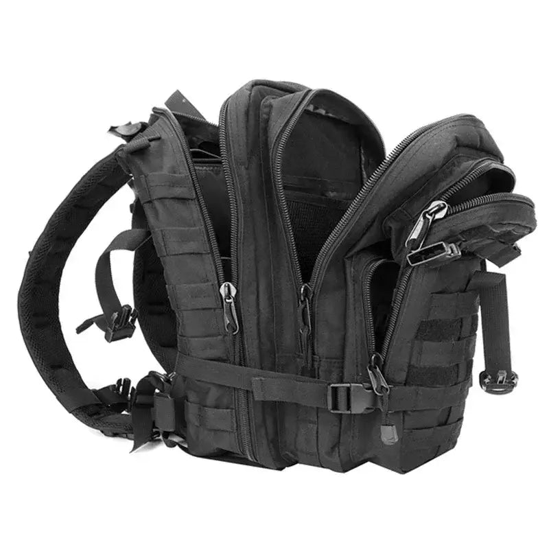 Black tactical backpack with multiple compartments and straps.