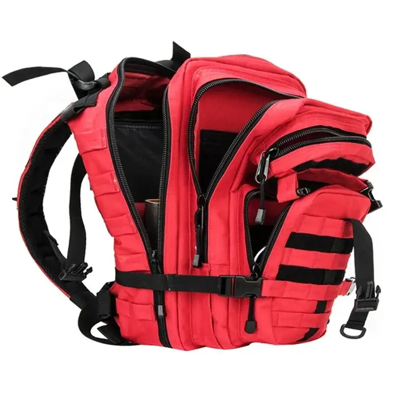 Red backpack with multiple compartments and black straps.