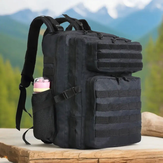 Tactical black backpack with multiple compartments and MOLLE webbing.