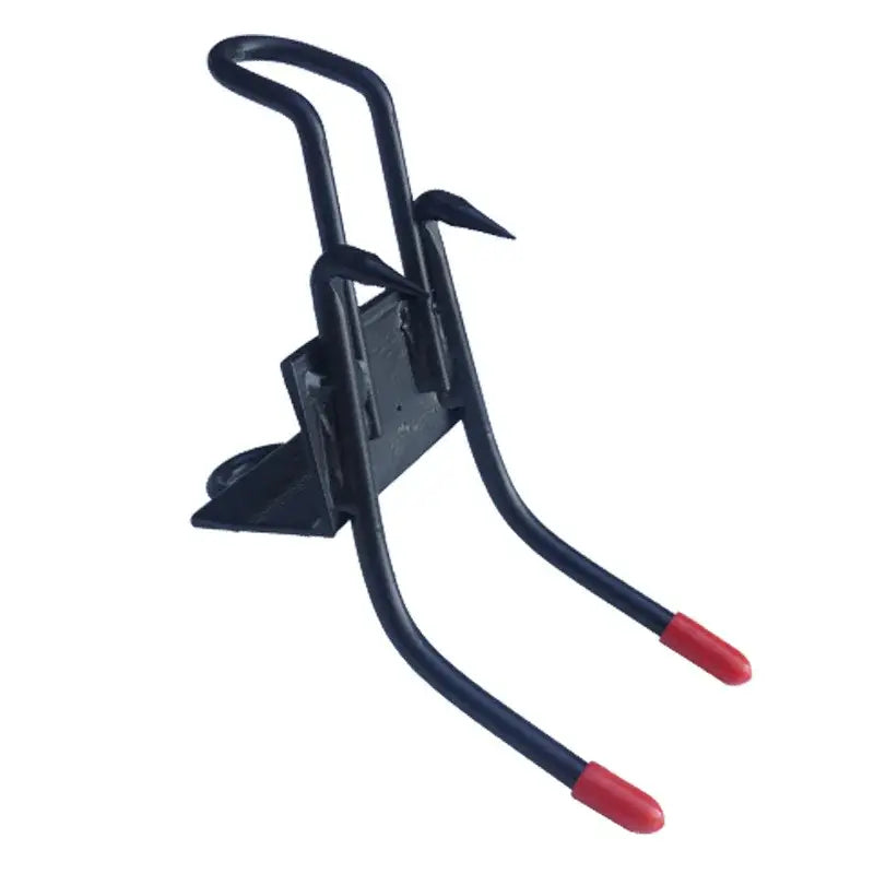 Bicycle kickstand with curved metal legs and red rubber tips.