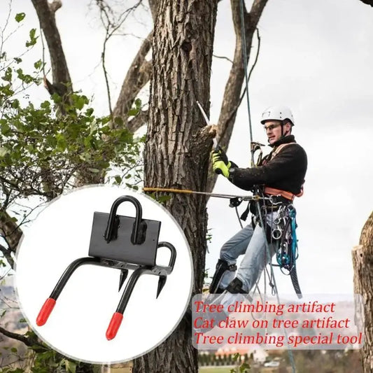 Tree climbing professional using safety equipment while working on a tall tree trunk.