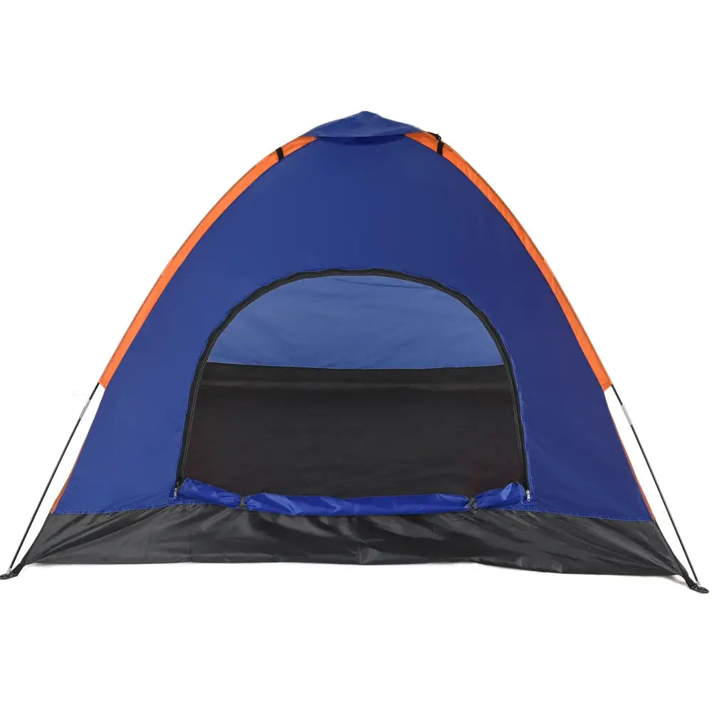 Blue camping tent with orange trim and a black mesh window.