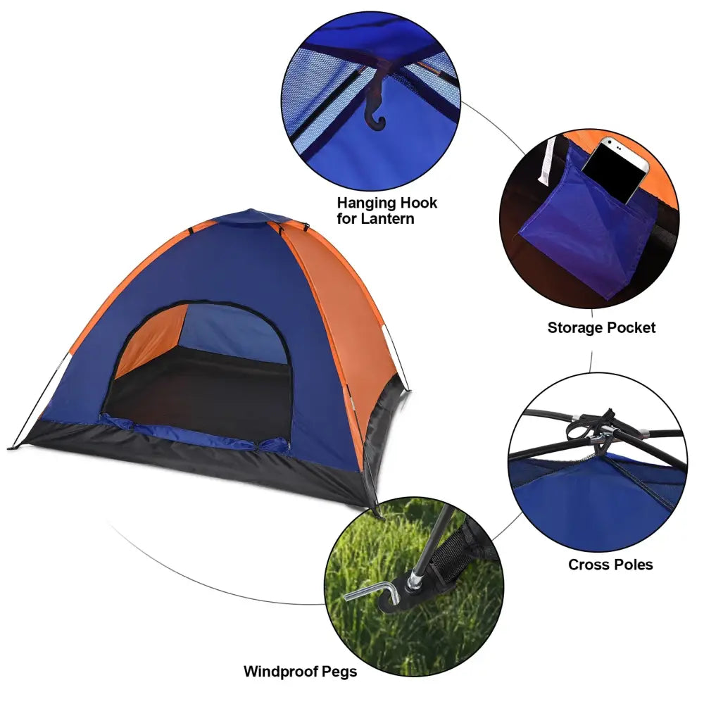 Dome-shaped camping tent with blue and orange panels.