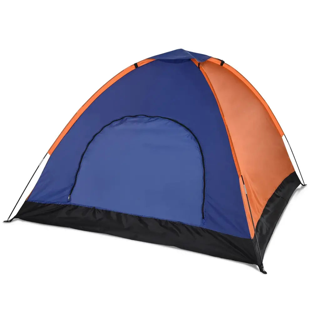 Dome-shaped camping tent with blue and orange panels.