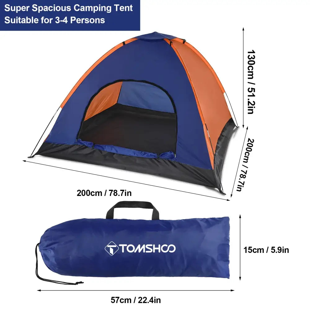 Dome-shaped camping tent in blue and orange colors with its carrying bag.