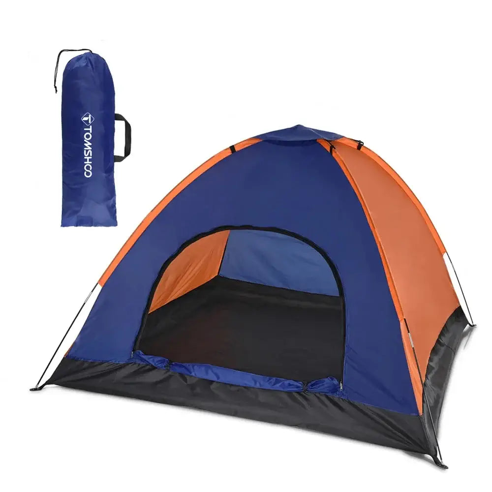 Dome-shaped camping tent in blue and orange colors with a matching carry bag.