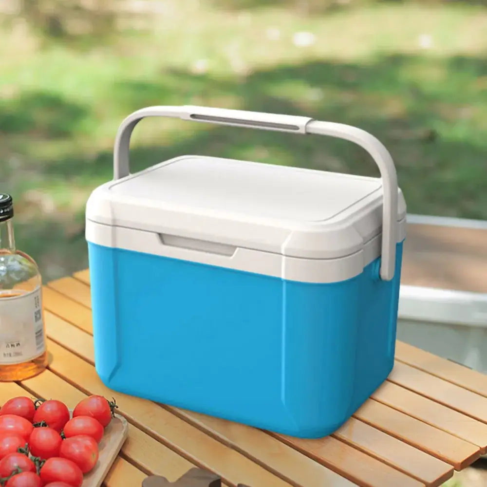 Blue and white portable cooler with a handle.