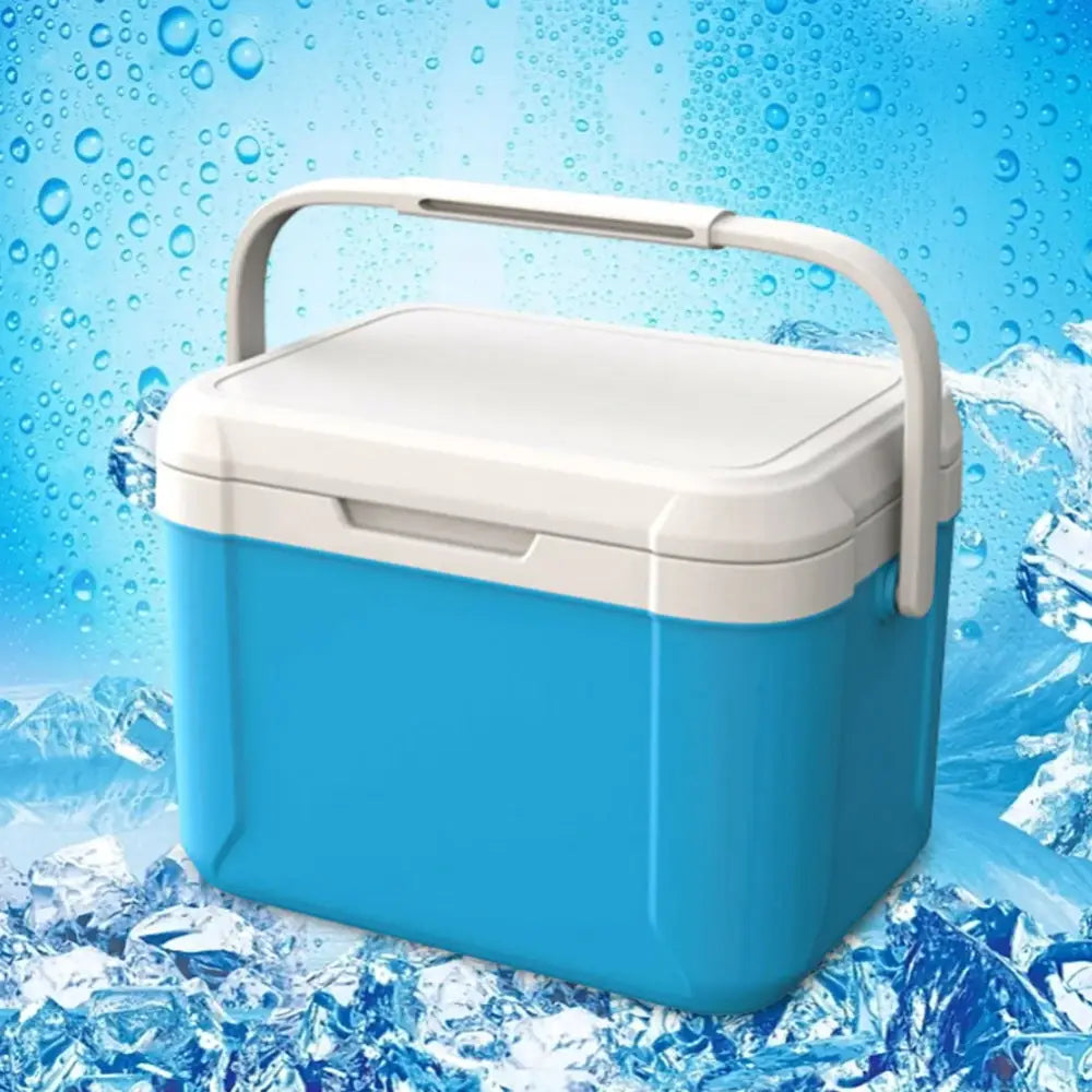 Blue and white portable cooler with a handle.