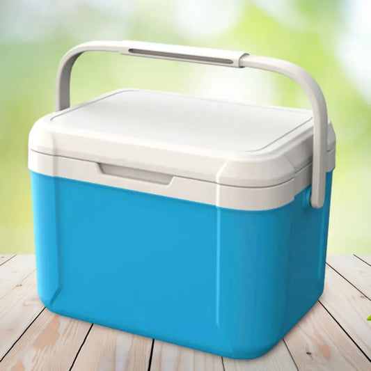 Bright blue cooler with a white lid and carrying handle.