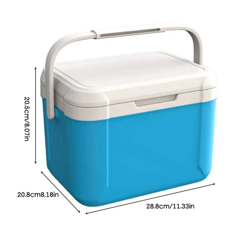 Bright blue portable cooler with a white lid and carrying handle.